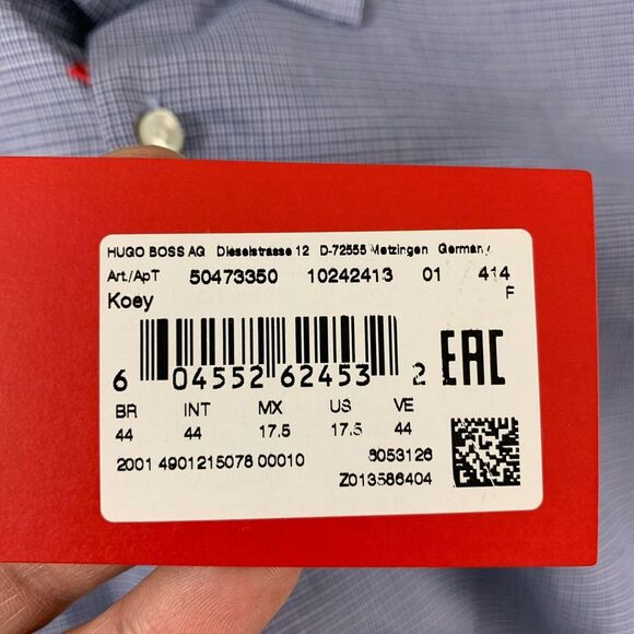 Hugo Boss Shirt Mens 17.5 Slim Fit Blue Easy Iron Dress Shirt Flip Cuff Koey NEW - Picture 5 of 13